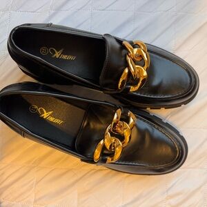 Black Loafers with Gold Chain Detail